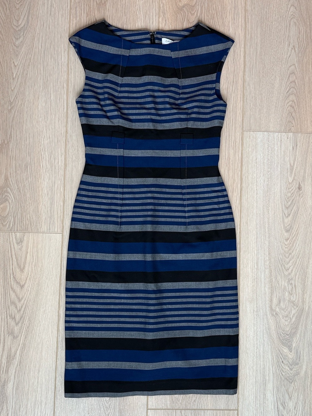 Striped Sheath Dress Sleeveless Calvin Klein Blue Gray Mid Century Mod Office 2